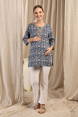 Multi Embroidered Neck; embroidery adds style to the maternity top.