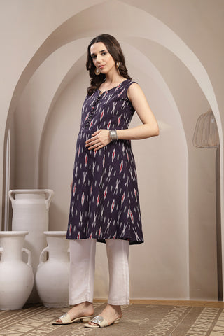 Ikat Sleeveless Zipless Maternity Kurta - Dark Purple