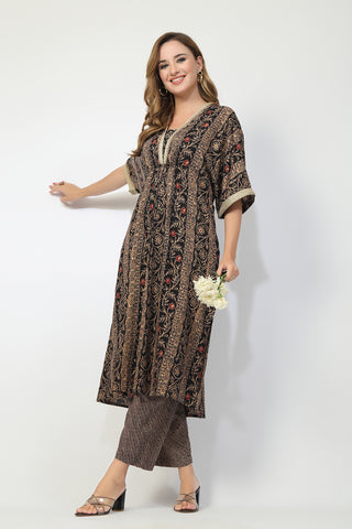 Maternity All Over Printed Zipless Feeding Kurta Set - Black