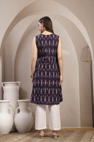 Ikat Sleeveless Zipless Maternity Kurta - Dark Purple