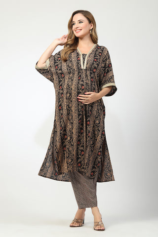 Maternity All Over Printed Zipless Feeding Kurta Set - Black