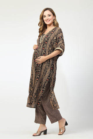 Maternity All Over Printed Zipless Feeding Kurta Set - Black