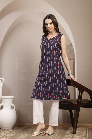Ikat Sleeveless Zipless Maternity Kurta - Dark Purple