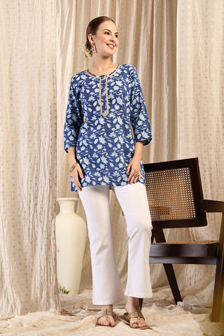 Indigo Cotton Top; pure cotton material is soft on skin and lightweight.