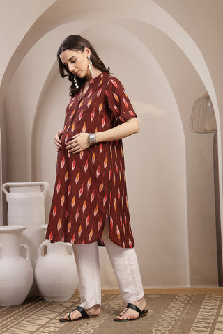 Ikat Zipless Maternity Kurta - Maroon