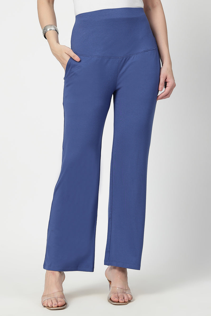 Flared High Waist Maternity Pants with Pockets - Denim Blue