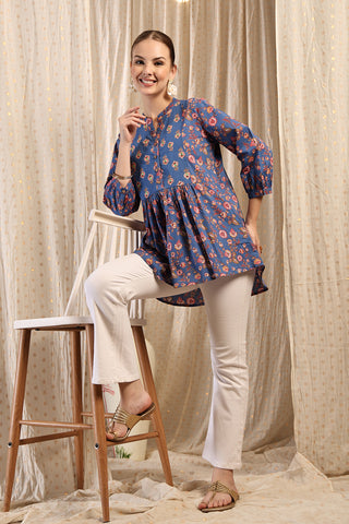 Close-up texture of Maternity Zipless Feeding Peplum Top - Royal Blue in federal-blue, showing the soft Cotton fabric.