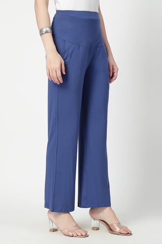 Flared High Waist Maternity Pants with Pockets - Denim Blue