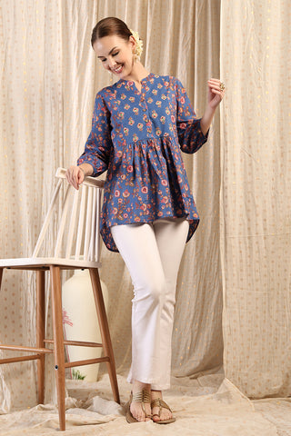 Styling detail of Maternity Zipless Feeding Peplum Top - Royal Blue, highlighting federal-blue print and Maternity Tops design.