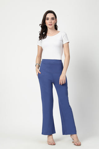 Flared High Waist Maternity Pants with Pockets - Denim Blue