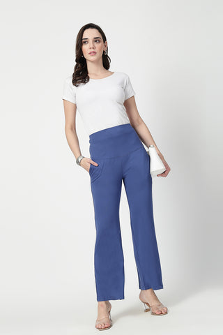 Flared High Waist Maternity Pants with Pockets - Denim Blue