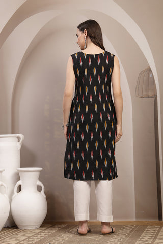 Ikat V-Neck Zipless Feeding Sleeveless Maternity Kurta - Black