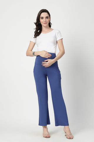 Flared High Waist Maternity Pants with Pockets - Denim Blue