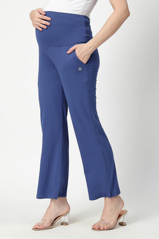 Flared High Waist Maternity Pants with Pockets - Denim Blue
