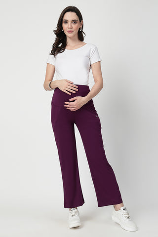 Flared High Waist Maternity Pants with Pockets - Plum