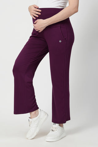 Flared High Waist Maternity Pants with Pockets - Plum