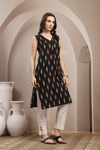Ikat V-Neck Zipless Feeding Sleeveless Maternity Kurta - Black