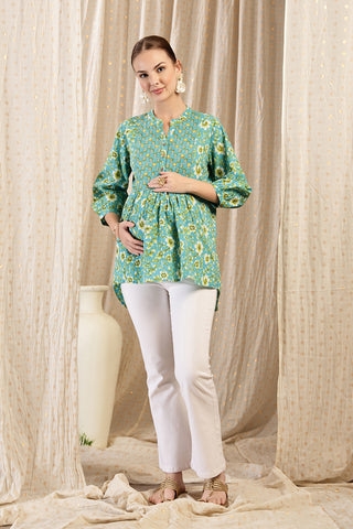 Smooth back view of sea-green Maternity Tops showing silhouette for comfort.