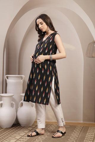 Ikat V-Neck Zipless Feeding Sleeveless Maternity Kurta - Black