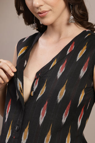Ikat V-Neck Zipless Feeding Sleeveless Maternity Kurta - Black