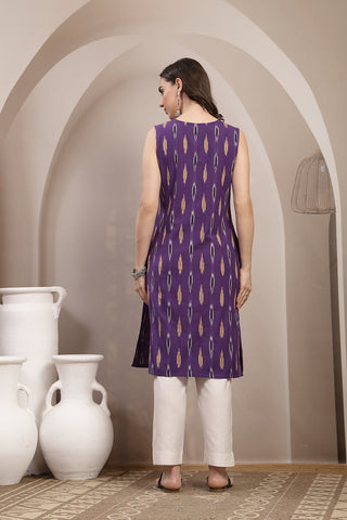 Ikat V-Neck Zipless Feeding Sleeveless Maternity Kurta - Indigo Blue