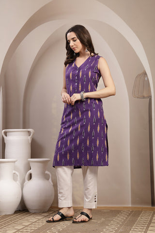 Ikat V-Neck Zipless Feeding Sleeveless Maternity Kurta - Indigo Blue