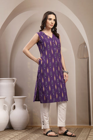 Ikat V-Neck Zipless Feeding Sleeveless Maternity Kurta - Indigo Blue