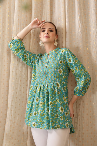 Maternity Zipless Feeding Peplum Top - Sea Green in sea-green made with soft Cotton fabric.