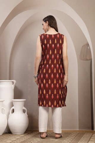Ikat V-Neck Zipless Feeding Sleeveless Maternity Kurta - Maroon