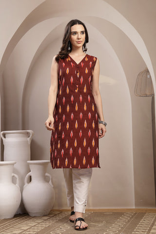 Ikat V-Neck Zipless Feeding Sleeveless Maternity Kurta - Maroon