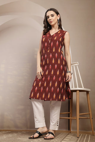 Ikat V-Neck Zipless Feeding Sleeveless Maternity Kurta - Maroon