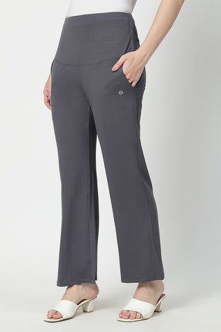 Flared High Waist Maternity Pants with Pockets - Charcoal Grey