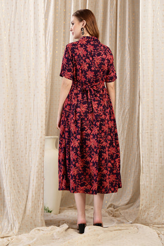 Close Up of Soft Fabric Detail on The Red Floral Printed Zipless Feeding Shirtdress