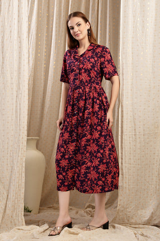 Detail of Hidden Feeding Zips & Pockets on The Red Floral Printed Zipless Feeding Shirtdress for Breastfeeding