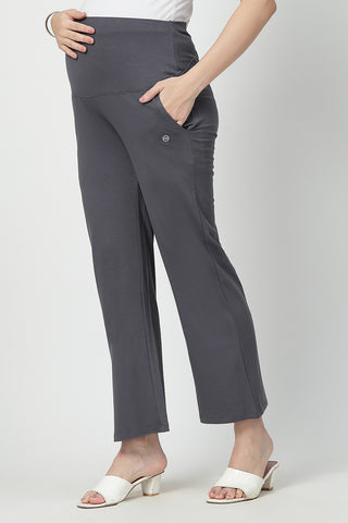 Flared High Waist Maternity Pants with Pockets - Charcoal Grey