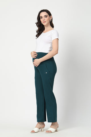 Flared High Waist Maternity Pants with Pockets - Deep Emerald
