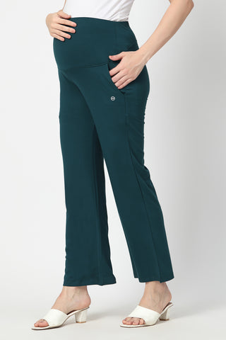 Flared High Waist Maternity Pants with Pockets - Deep Emerald