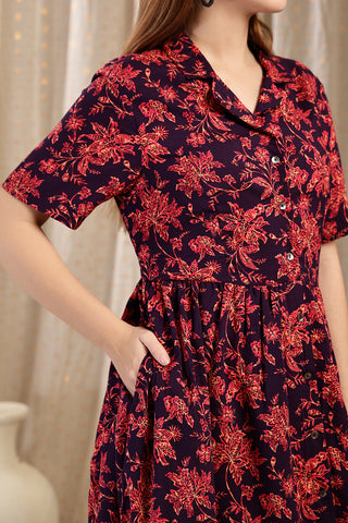 Practical Soft Feeding Dress with Pockets - The Red Floral Printed Zipless Feeding Shirtdress