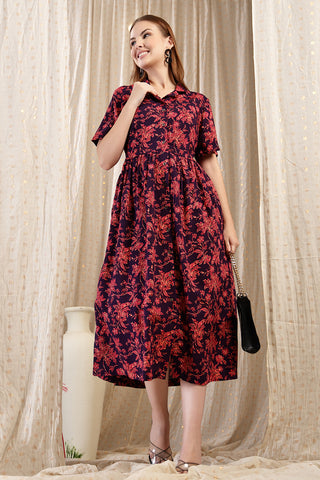 Stylish Red Maternity Wear - The Red Floral Printed Zipless Feeding Shirtdress for New Moms