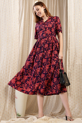 Studio Shot of The Red Floral Printed Zipless Feeding Shirtdress showing Soft Design Quality