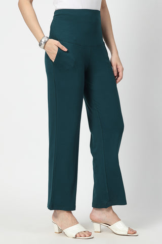 Flared High Waist Maternity Pants with Pockets - Deep Emerald