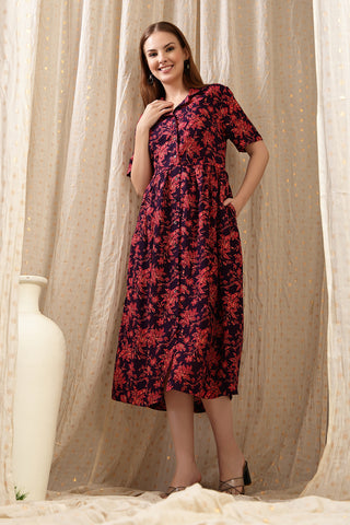 Woman wearing The Red Floral Printed Zipless Feeding Shirtdress in Red - Pre & Post Pregnancy