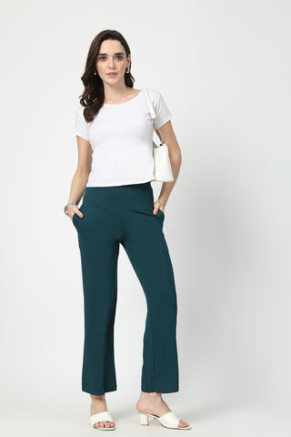 Flared High Waist Maternity Pants with Pockets - Deep Emerald