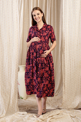 Back View of The Red Floral Printed Zipless Feeding Shirtdress - Flattering Silhouette for Pregnancy