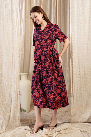 The Red Floral Printed Zipless Feeding Shirtdress Front View - Red Soft Maternity Dress with Feeding Zips & Pockets