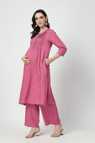 Zipless Feeding Rayon Maternity Kurta-Pant Set - Light Magenta