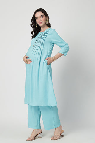 Zipless Feeding Rayon Maternity Kurta-Pant Set - Turquoise