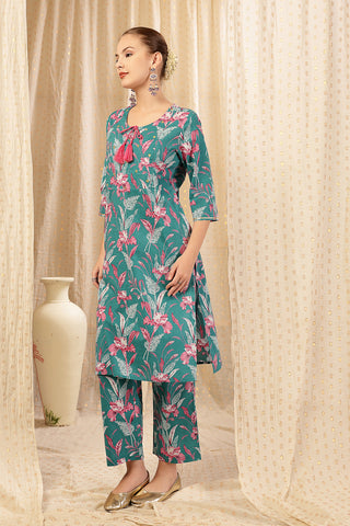 Model action shot of the Floral Zip Cotton Kurta Set, demonstrating ease of movement and fit.