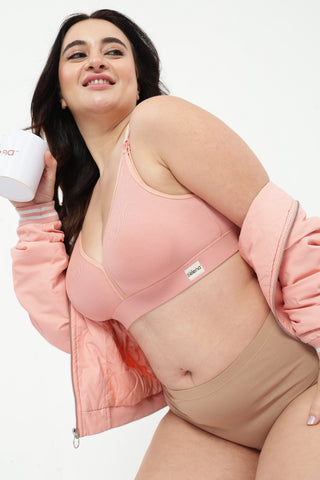 Lira Ribbed Cotton Nursing Padded Bra & High Rise Panty Set - (Rose Gold & Light Skin)