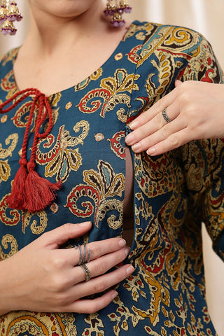 Full-length shot of model wearing the Floral Zip Cotton Kurta Set. Emphasizes the comfortable Relaxed Maternity.